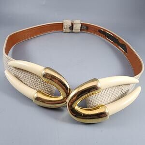 Vintage Alexis Kirk Snakeskin Belt Ivory with Cream and Gold Tusk Buckle